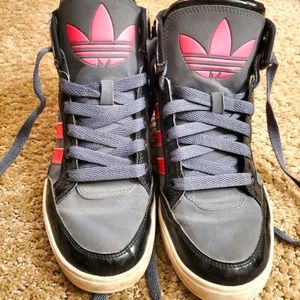 Adidas high tops pink grey and black